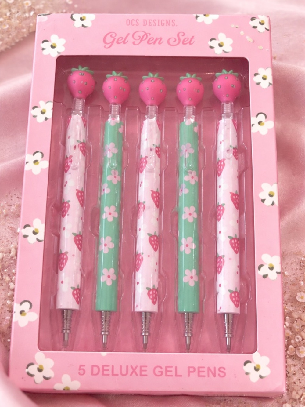 OCS Designs Strawberry Gel Pen Set — Pink & Green, 5-Pack